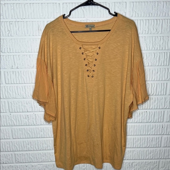 Democracy Mustard Lace-Up Short Sleeve Top - Picture 1 of 5